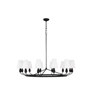 Ziba 48 in. W x 34.75 in. H 12-Light Aged Iron Extra Large Dimmable Chandelier with White Linen Fabric Shades