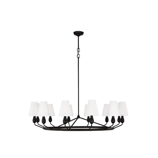 Generation Lighting Ziba 48 in. W x 34.75 in. H 12-Light Aged Iron Extra Large Dimmable Chandelier with White Linen Fabric Shades