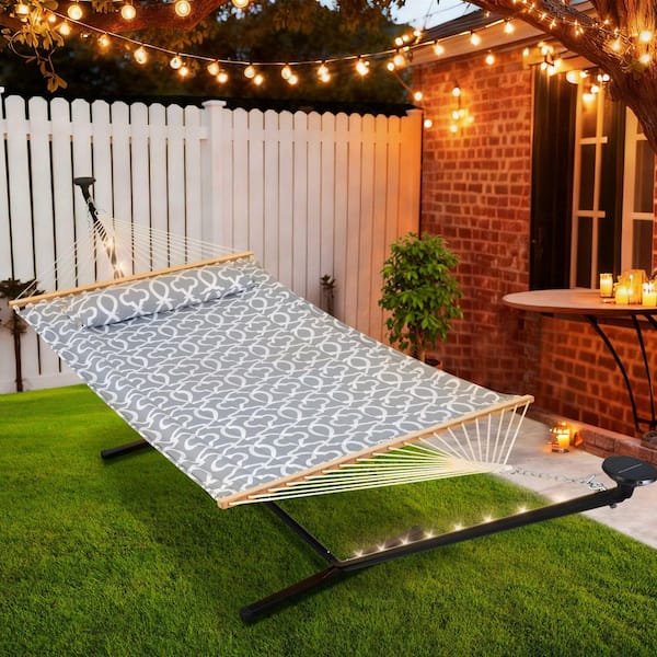 12 ft. Portable Heavy-Duty Hammock with Stand and Detachable Pillow-Solar Powered LED Lights-475 lbs. Capacity in Gray
