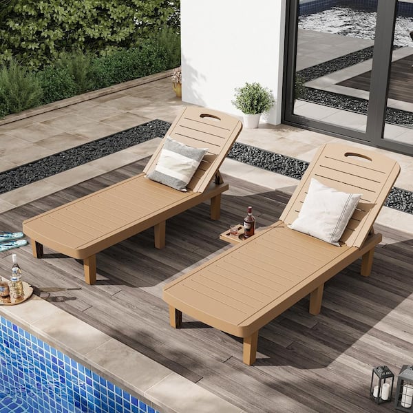 Natural Adjustable Waterproof Oversized Resin Outdoor Patio Chaise Lounge Chair with Cup Holder, Pool, Deck(set of 2)