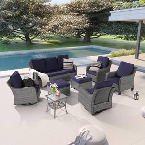8-Piece Patio Conversation Sofa Set Gray Wicker with Swivel Rocking Chair and Side Table, Navy Blue