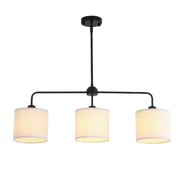 OUKANING 3-Light Black Modern Kitchen Island Pendant Light with White Cloth Shade and Adjustable Height, No Bulbs Included