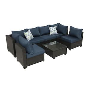 7-Pieces Straight Back Dark Brown Wicker Outdoor Patio Conversation Set with Dark Blue Cushions and Coffee Table