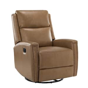 Regina 30.31 in. Wide Taupe Genuine Leather Swivel Rocker Recliner with Nailhead Trims