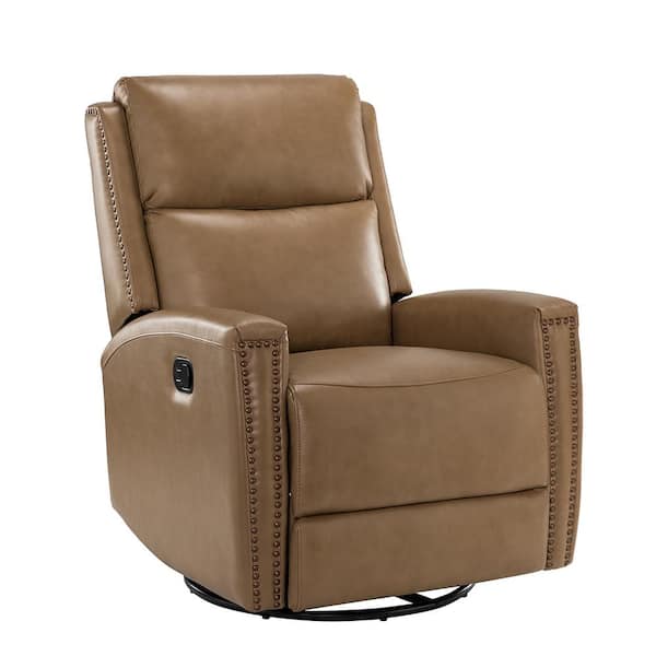 JAYDEN CREATION Regina 30.31 in. Wide Taupe Genuine Leather Swivel Rocker Recliner with Nailhead Trims