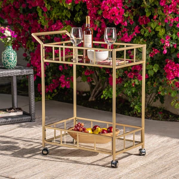 Unbranded Outdoor Bar Cart, Patio Serving Cart with Rolling Casters for Backyard Garden, Metal Frame&Tempered Glass Shelves