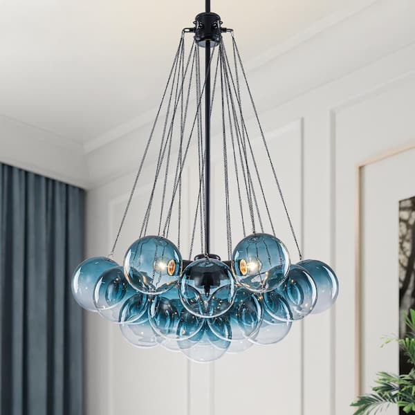 Lyra 3-Light Modern Matte Black Chandelier with Gradient Blue Cluster Bubble Glass Shade