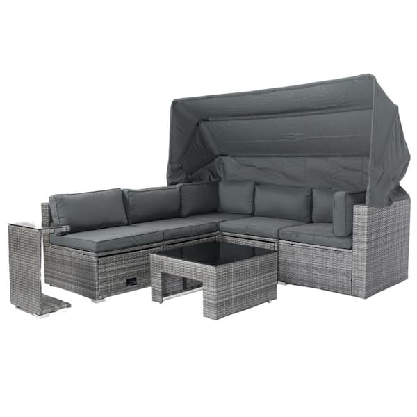 Harper and Bright Designs Gray 7-Piece Wicker Outdoor Sectional Set Daybed With Retractable Canopy and Dark Gray Cushions