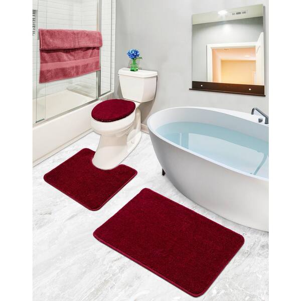3 Piece Solid Premium Polypropylene Bath Rugs Set with Geometric Design Red 
