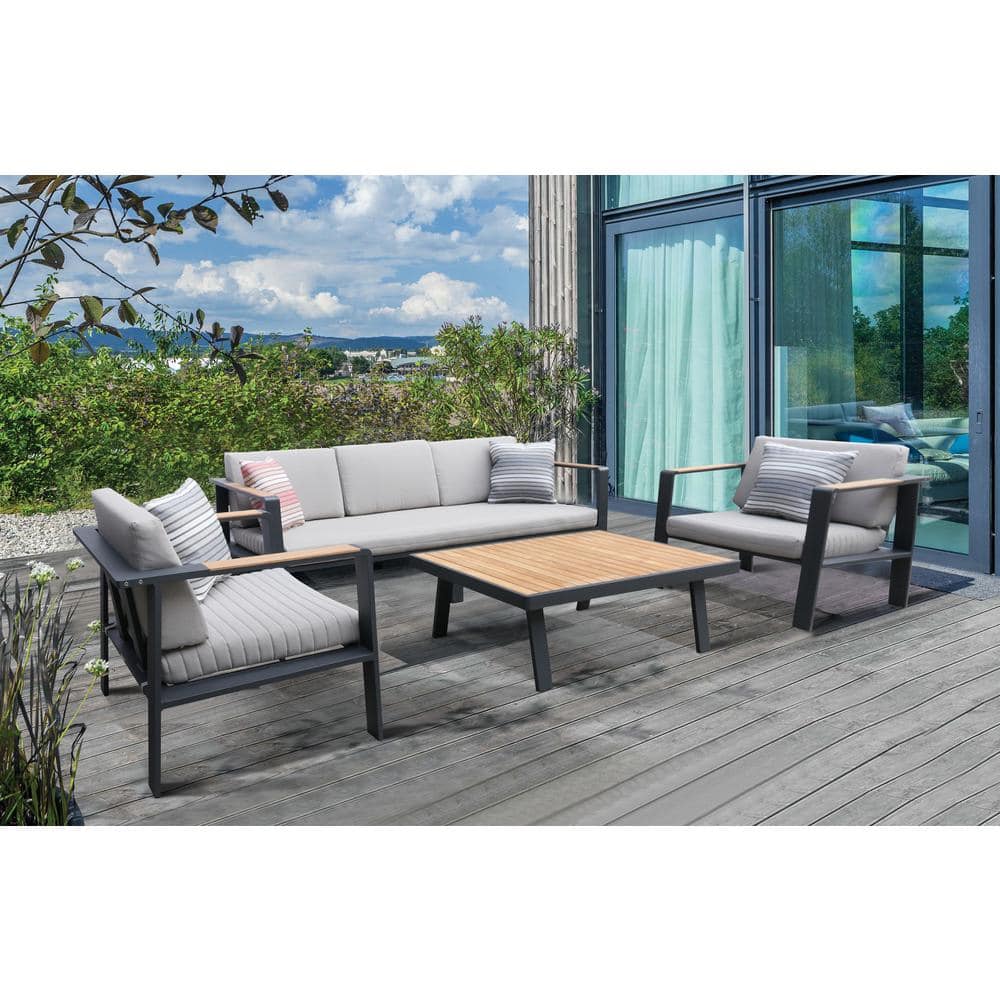 Nofi Gray 4-Piece Aluminum Patio Seating Set with Taupe Cushions