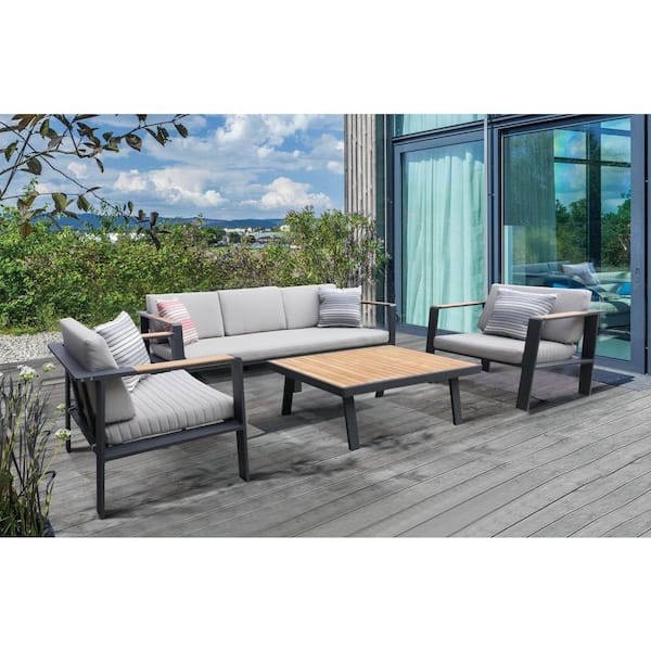 Armen Living Nofi Gray 4-Piece Aluminum Patio Seating Set with Taupe Cushions
