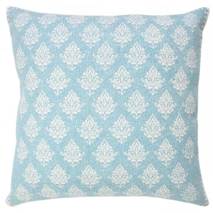 Traditional Light Blue / White 20 in. x 20 in. Fairytale Motif Bordered Throw Pillow