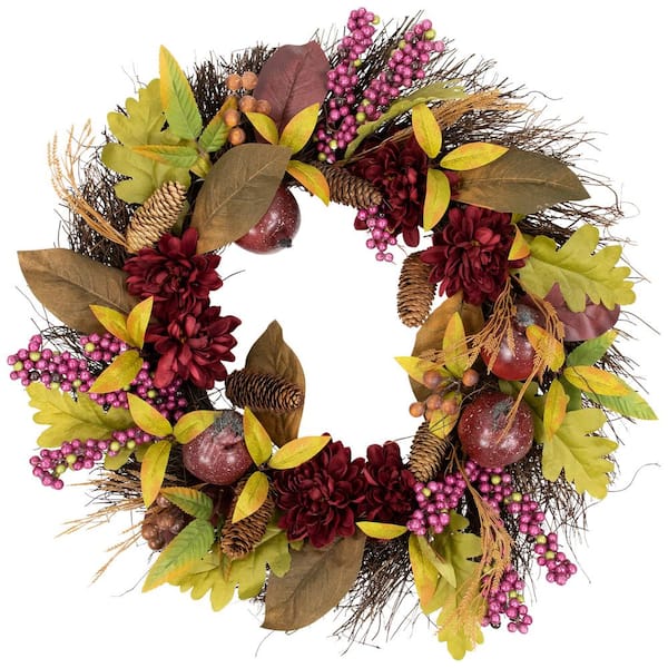 28 in. Artificial Unlit Burgundy Mums and Pomegranate Spiral Vine Wreath