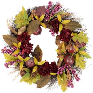 28 in. Artificial Unlit Burgundy Mums and Pomegranate Spiral Vine Wreath