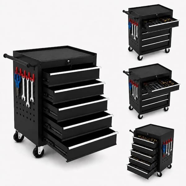 Rolling Tool Chest, 26 Inch, 5-Drawer Lockable Portable Cabinet With Wheels & Drawer Liners For Garage And Auto Repair