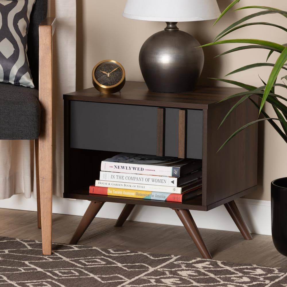 Naoki Two-Tone Gray and Walnut Wood Nightstand with Drawer