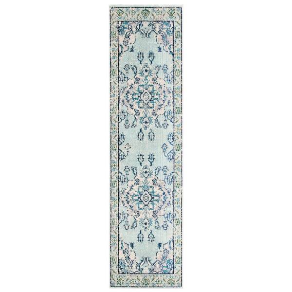 Monaco 2 ft. x 10 ft. Light Blue/Ivory Distressed Border Medallion Runner Rug