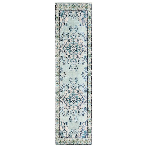 Monaco 2 ft. x 14 ft. Light Blue/Ivory Distressed Border Medallion Runner Rug