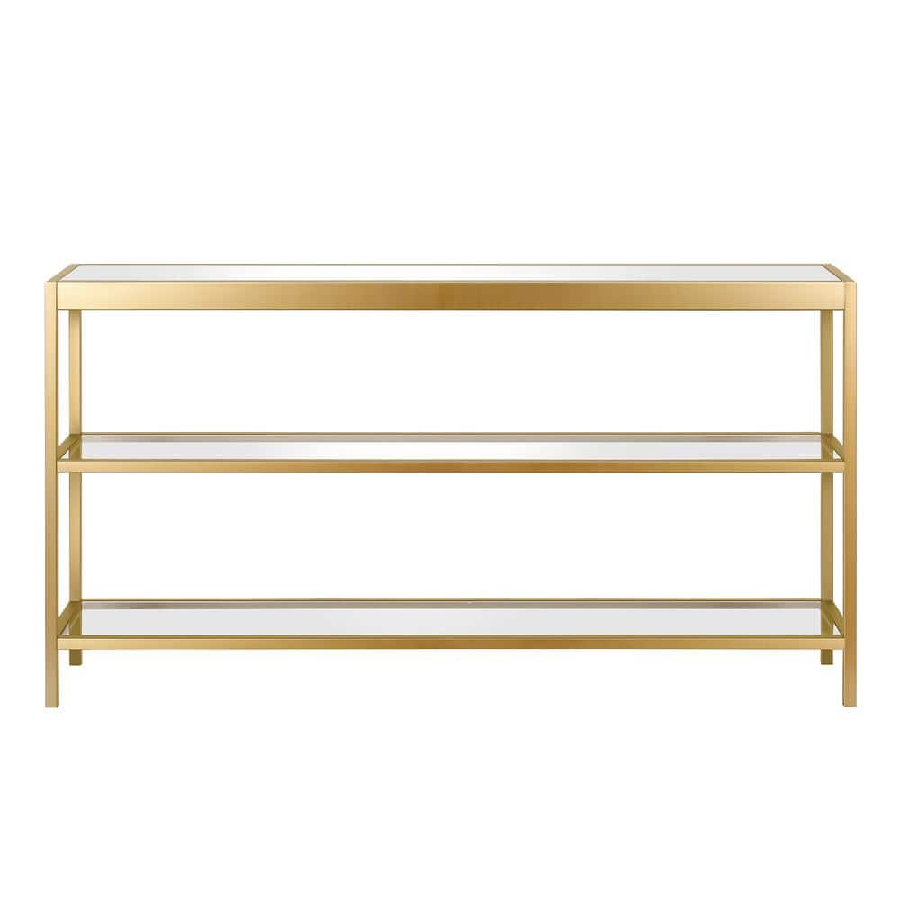 55-Inch Brass Metal and Glass Console Table with Storage