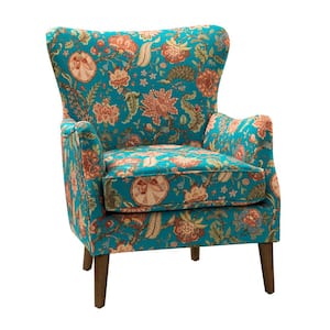 Leonhard Teal Floral Fabric Pattern Wingback Design Armchair with English Arms