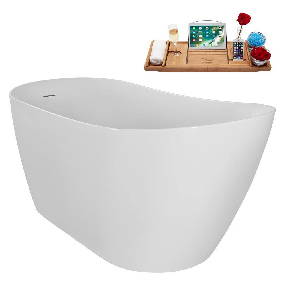 59" Glossy White Acrylic Freestanding Soaking Bathtub with Bamboo Tray