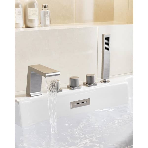 2-Spray Roman Tub Faucet with 1.8 GPM Handheld Shower, 3-Handle Tub-Mount in Brushed Nickel (Valve Included)
