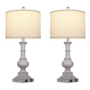 Levis 26 in. Distressed Grey Farmhouse Resin Table Lamp Set with Dual USB Ports and Built-in outlet