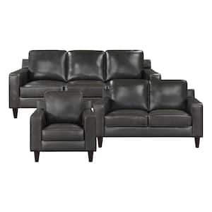 Solaris 83 in. W Straight Arm Leather Rectangle 3-Piece Living Room Sofa Set in Gray