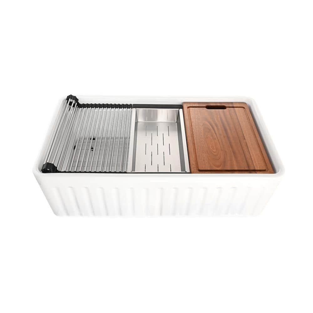 Glossy White Ceramic Farmhouse Apron-Front Kitchen Sink with Accessories