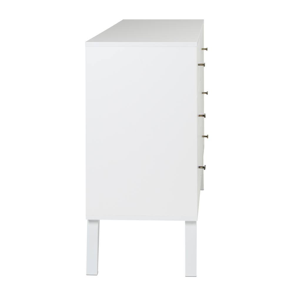 White Mid-Century 6-Drawer Double Dresser with Brass Knobs