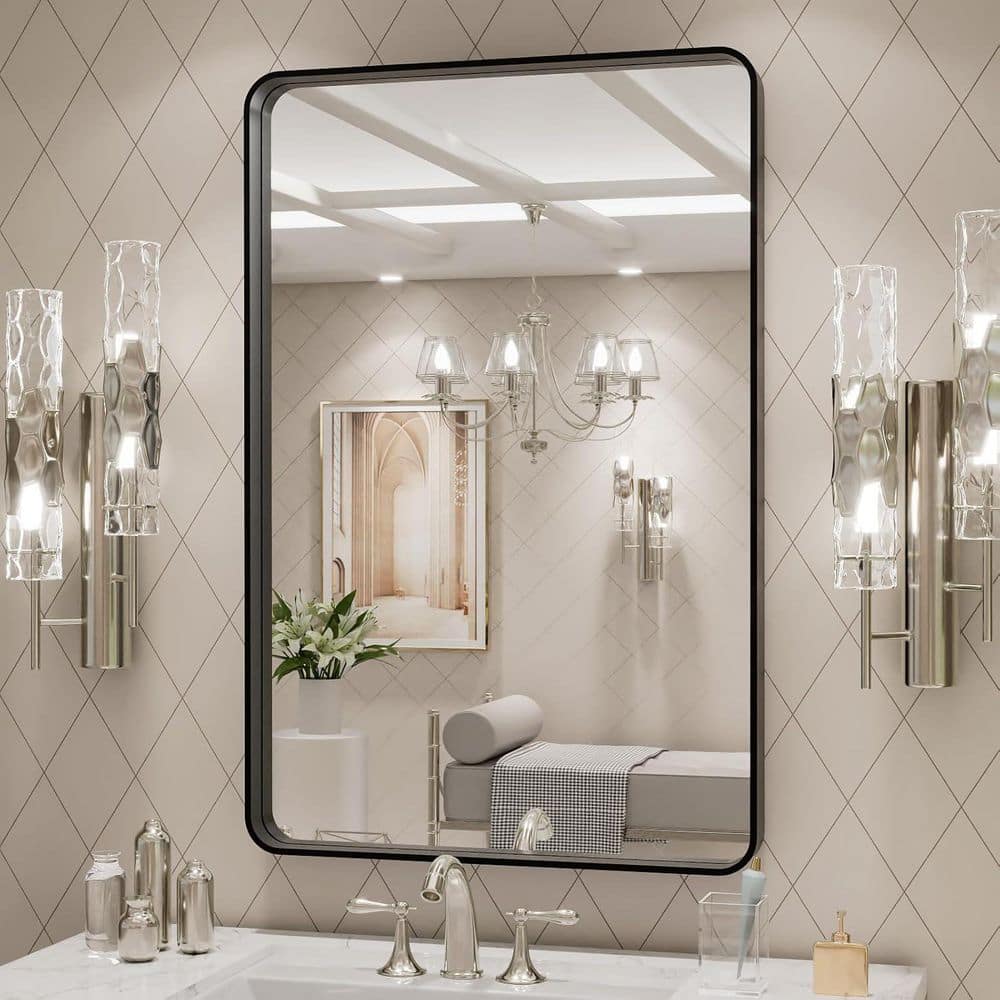 24 in. W x 36 in. H Small Rectangular Tempered Glass and Aluminum Alloy Framed Wall Bathroom Vanity Mirror in Black price history on PriceWatchPro