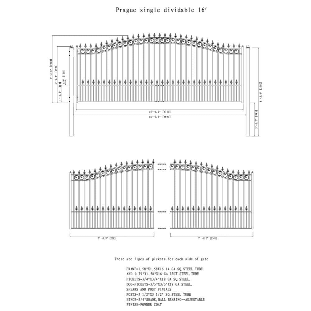 Prague Style 16 ft Black Steel Sliding Driveway Gate with Pedestrian Gate