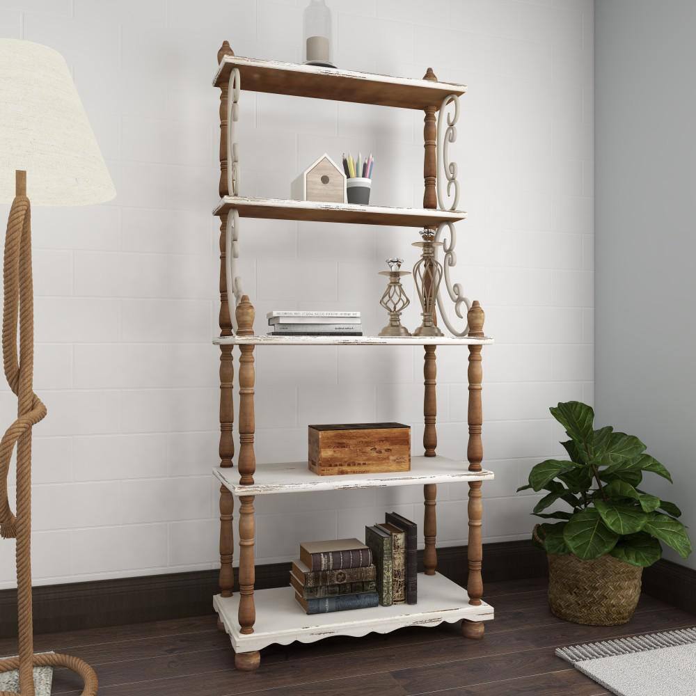 75" White and Brown Wood 5-Tier Farmhouse Baker's Rack