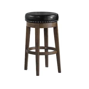 24 in. Black, Oak Brown and Silver Low Back Metal Frame Barstool with Faux Leather Seat (Set of 2)