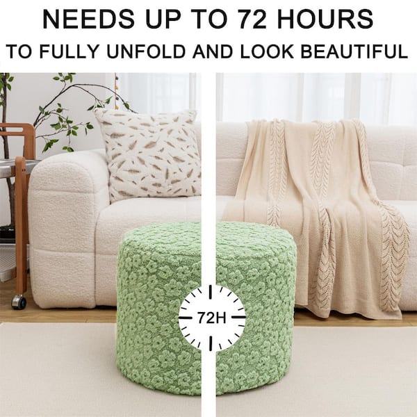 Desert Sage Green Plush Fiber Upholstered Round Ottoman Pouf 18 x