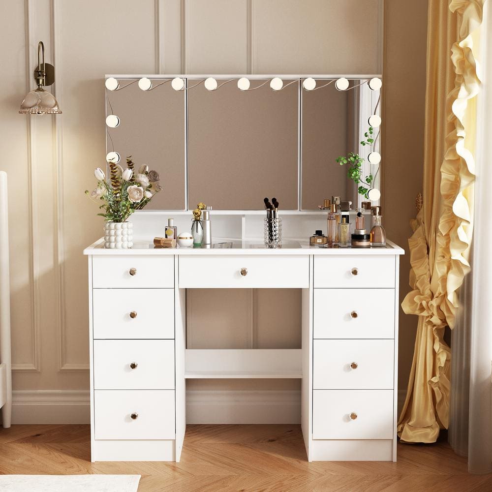 White Makeup Vanity Desk 9-Drawers Wood Dressing Table With 3 Mirrors, Glass Top, Hidden Storage Shelves, LED Bulb Light - thumbnail 5