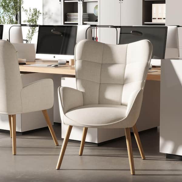 KAN Fabric Upholstered Office Chair, Ergonomic Design with Adjustable Foot Pads in Cream, Curved Wingback with Arms