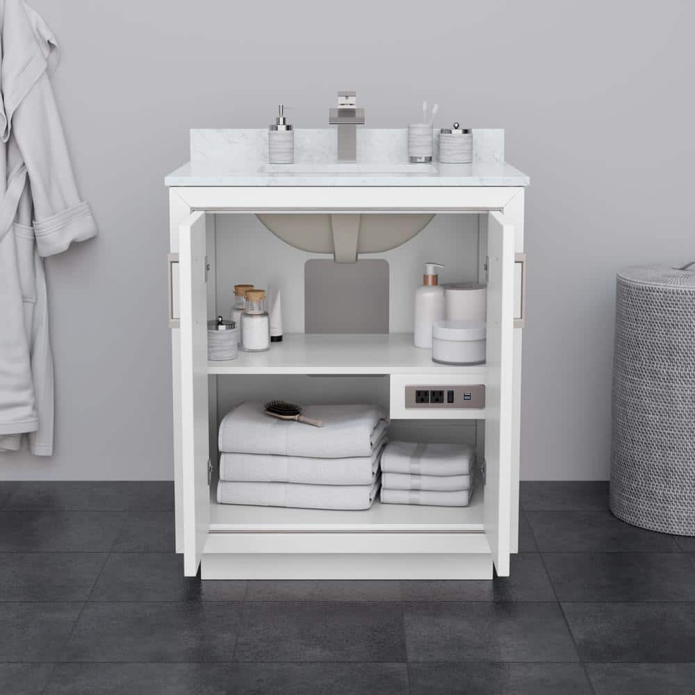 Icon 30" White Marble Single Bathroom Vanity with Brushed Nickel Trim
