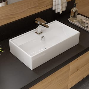 White Porcelain Rectangular Wall-Mounted Bathroom Vessel Sink