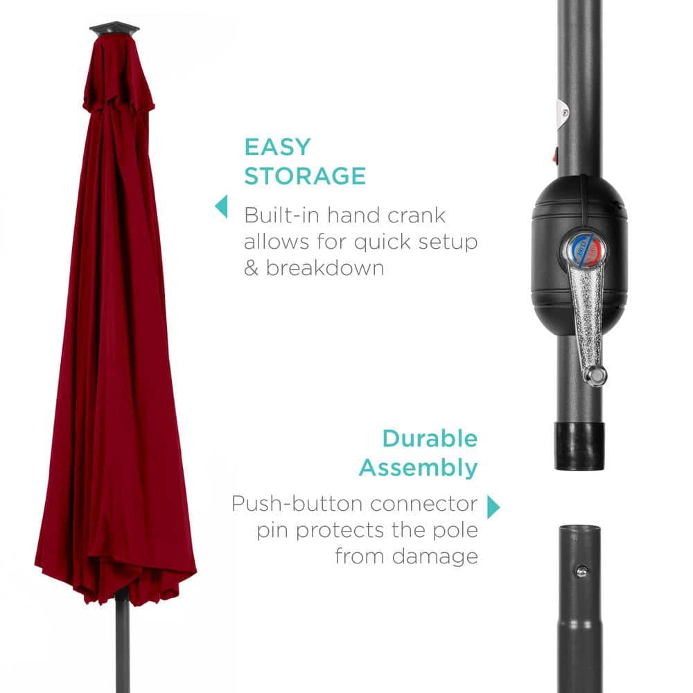 10ft Red Solar LED Lighted Aluminum Patio Umbrella with Tilt Adjustment