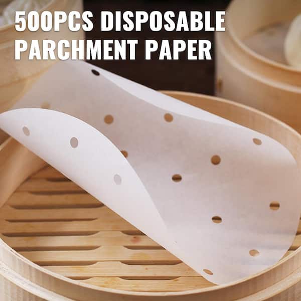 10 inch Bamboo Steamer Liner Perforated Air Fryer Parchment Paper (100 Count) White