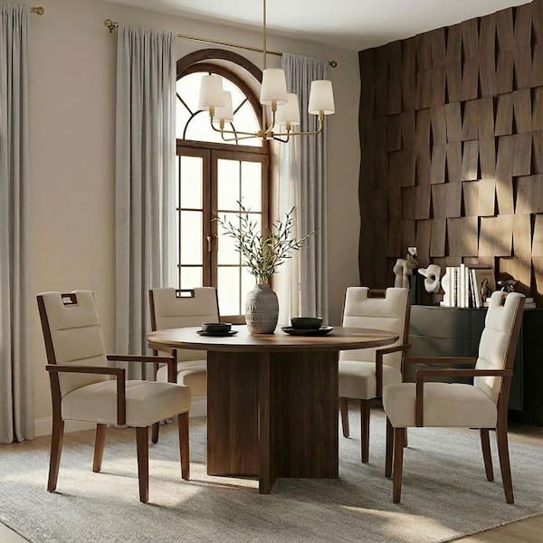 Beth Beige Plus Walnut Fabric Upholstered Dining Chairs with Armrests, (Set of 4)