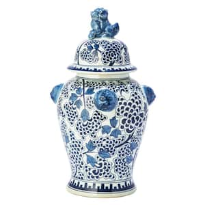19 in. High Blue and White Peony Flower Hand Painted Porcelain Covered Temple Jar with Lion Accents