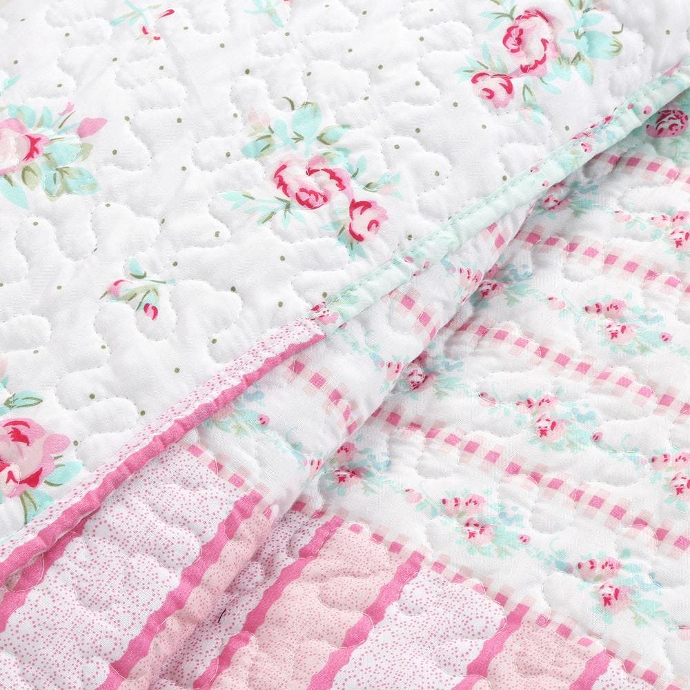 Pink and Aqua Floral Microfiber Reversible Queen Quilt Set