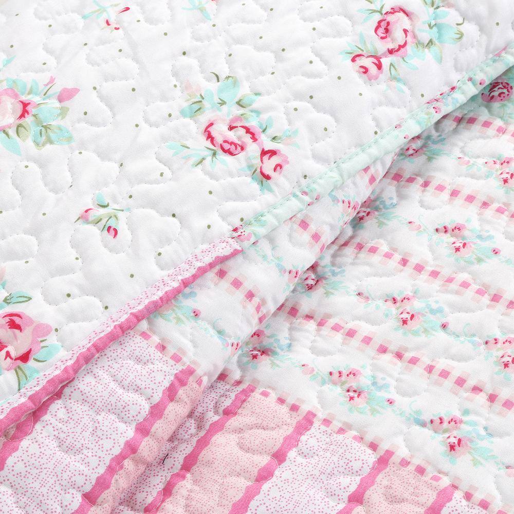 Pink and Turquoise Floral Reversible Twin Microfiber Quilt Set
