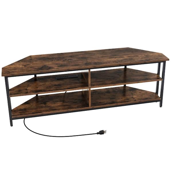 Costway Rustic Brown Corner TV Stand Fits for TVs up to 65 in. TV with AC Outlets and USB A Ports