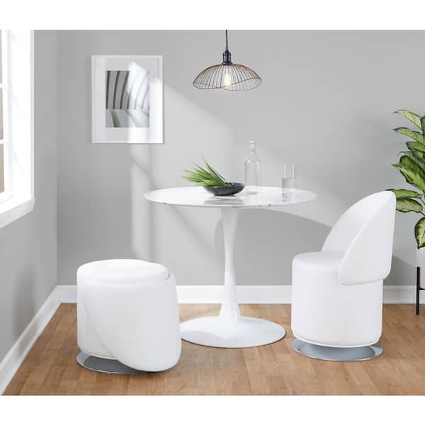 Lumisource Finch White Faux Leather and Chrome Metal Swivel Side Chair with Folding Backrest