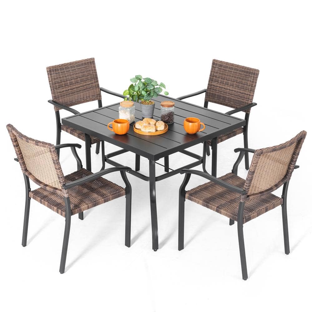 Black Iron Square Table with Mixed Wicker Chairs Outdoor Dining Set
