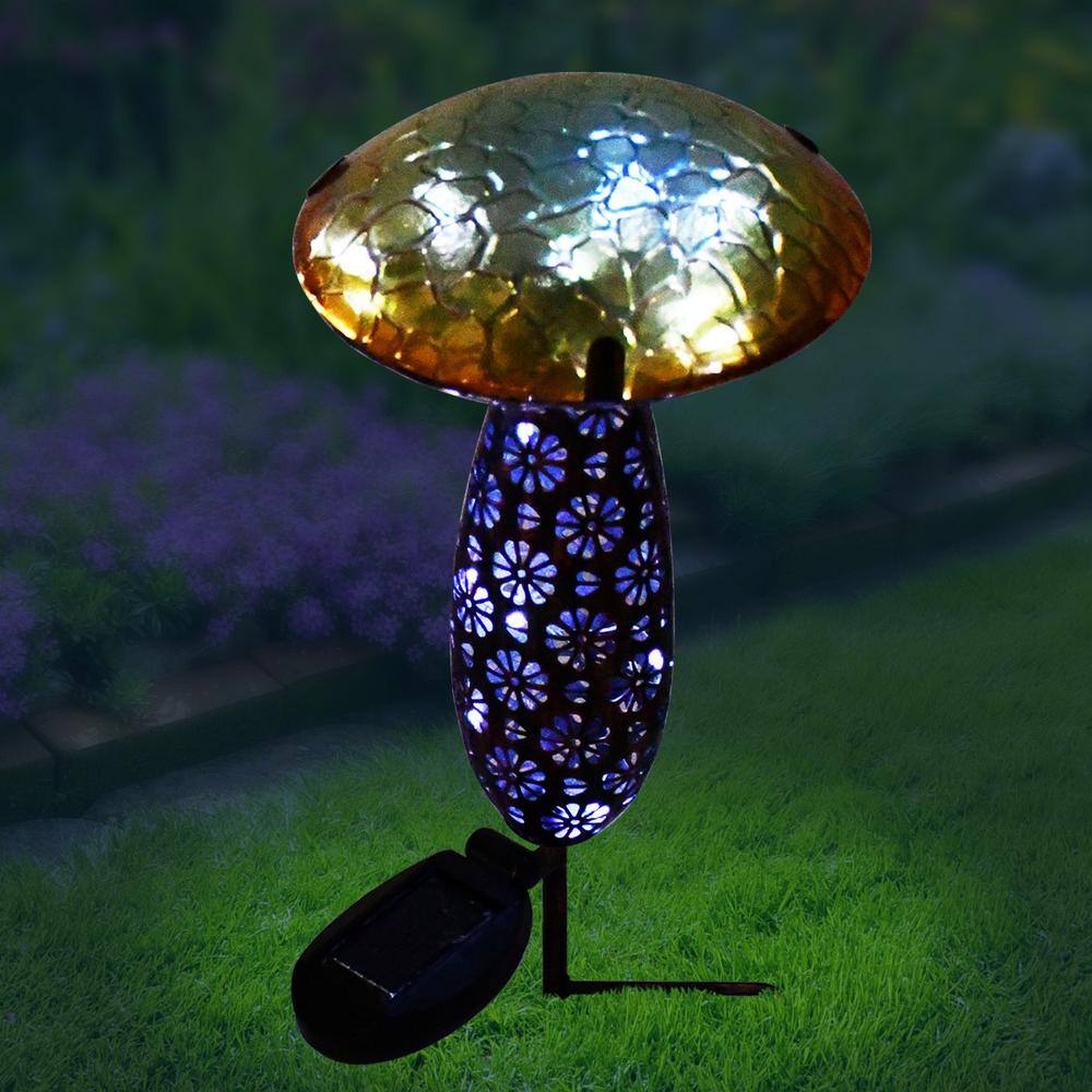 Yellow and Green Metal and Glass Solar Mushroom Stake with LED