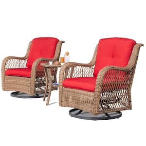 3-Piece Yellow Wicker Patio Outdoor Bistro Sets with Red Cushions and Matching Side Table